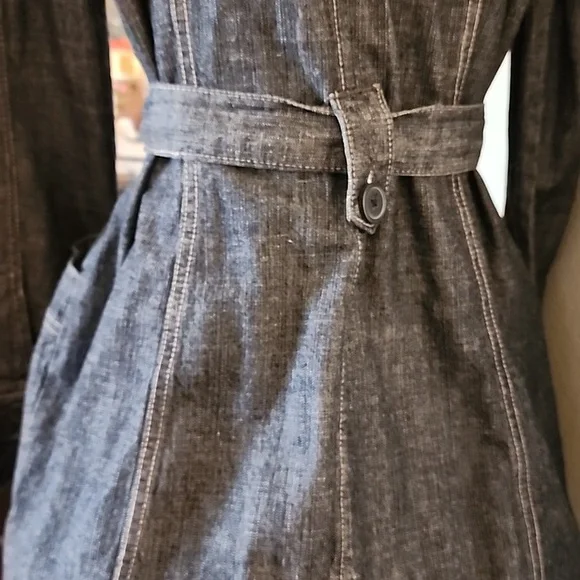 French Cuff Blue Demin Jeans Cotton Belt Pocket Trench Coat Jacket Women's Sz L - Picture 6 of 9